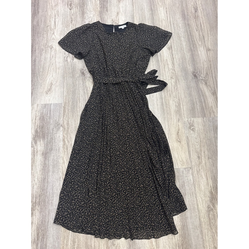 Baltic Born Prim Pleated Dress Black Tan Leaf Print  Short Flutter Sleeve Small - Picture 7 of 9